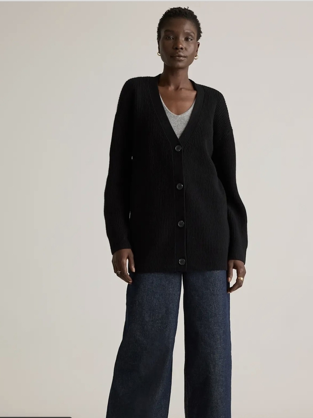 Quince Women Mongolian Cashmere Oversized Boyfriend Cardigan Sweater Black